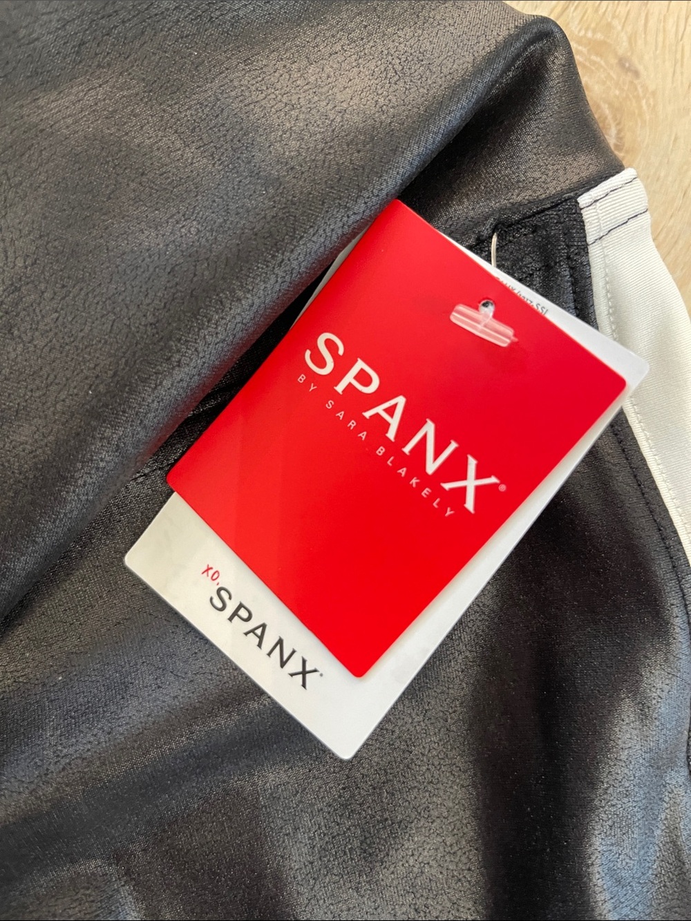 SPANX Black Faux Leather Leggings with white stripes size large - Picture 3 of 5
